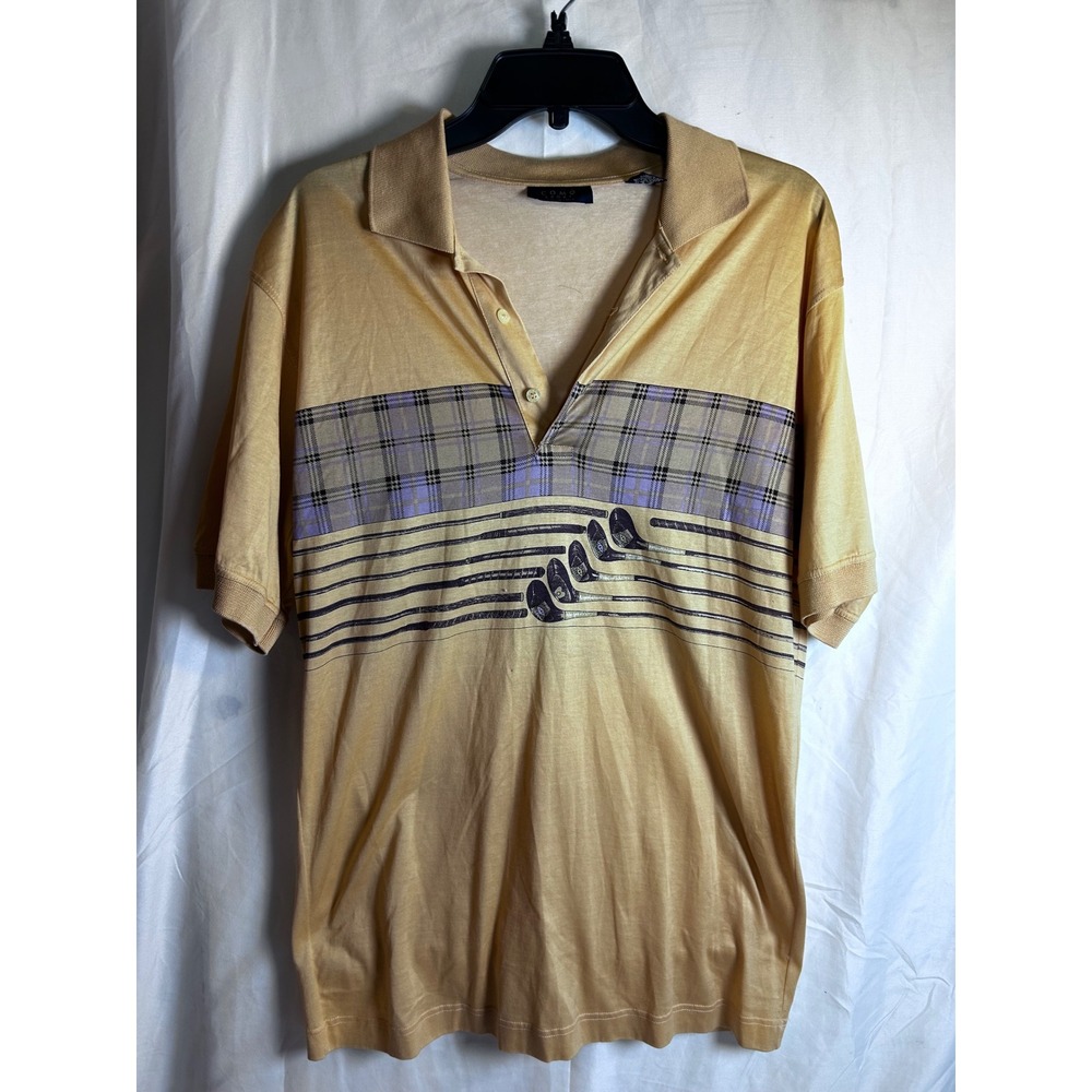 Como Sport Polo Shirt Small Tan Plaid Golf Club Graphic Mens Made in Italy